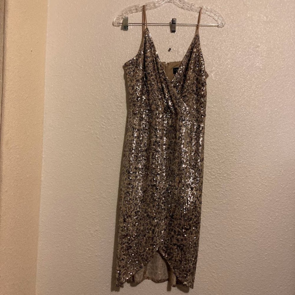 Laundry by Shellie Segal women's size 10 navy blue & tan sequined cocktail dress